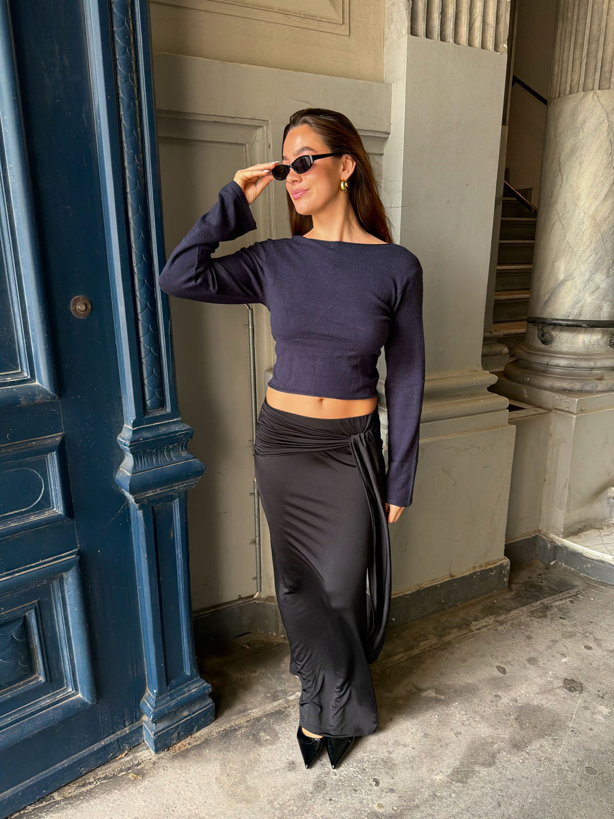 Simona 2 ways tie blouse - Navy