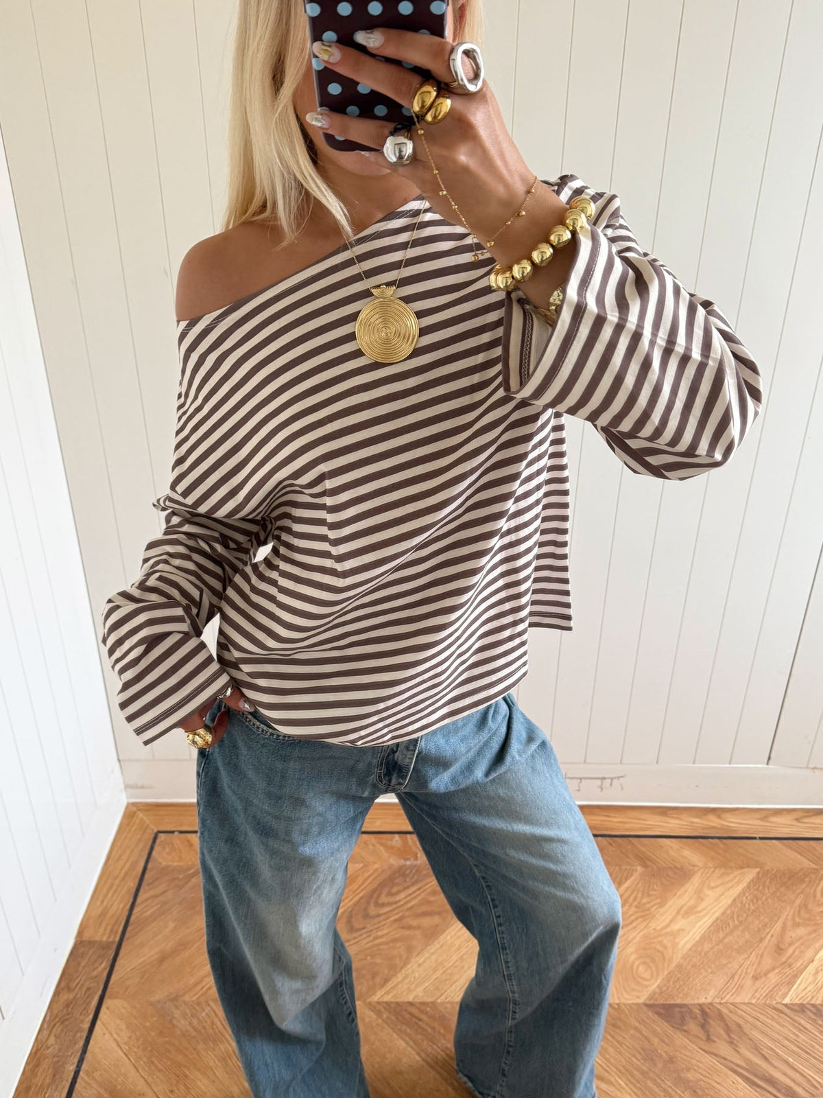 Scandivv blouse with stripes – taupe/white