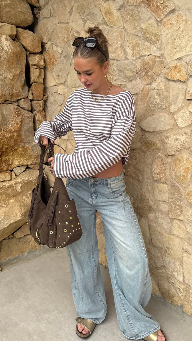 Scandivv blouse with stripes – taupe/white