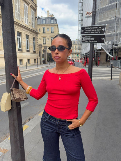 Agatha pointelle blouse with 3/4 sleeves - Red